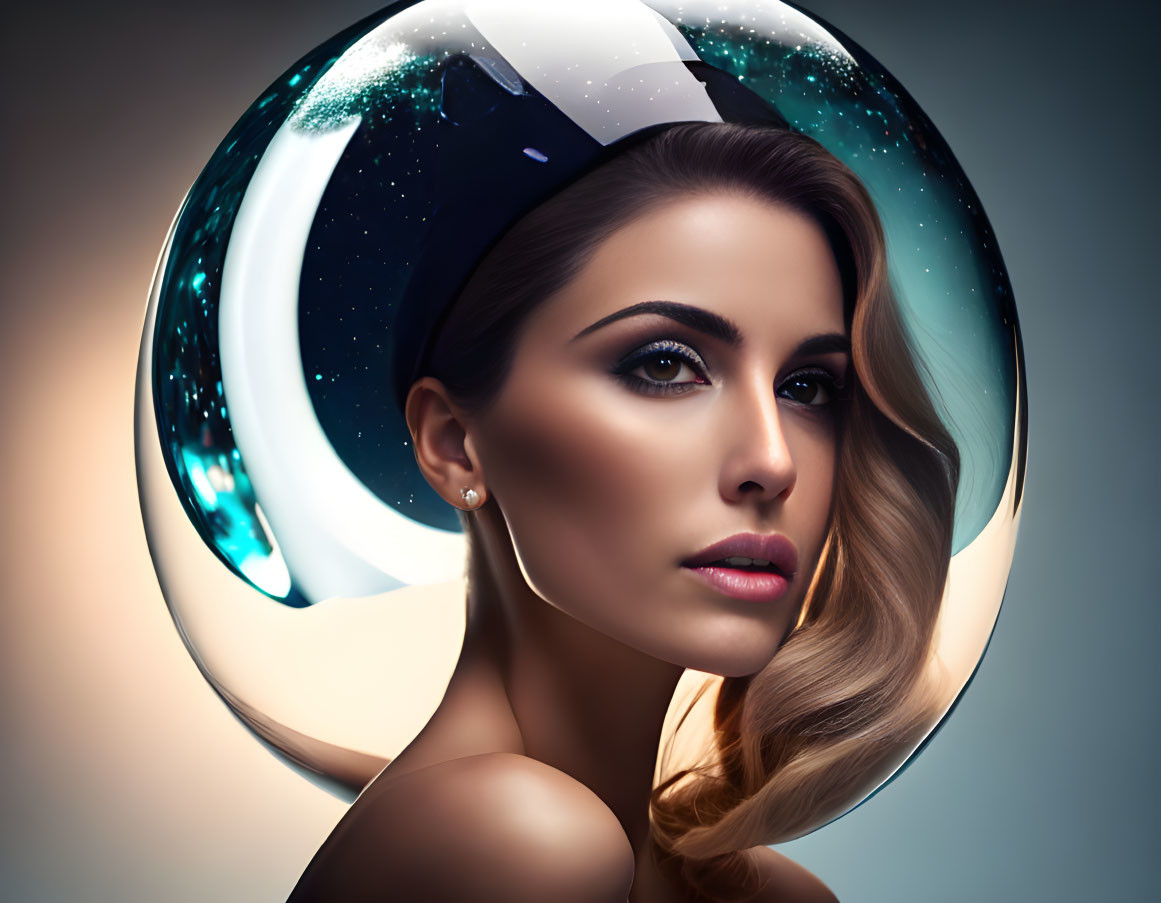 Portrait of Woman with Striking Makeup in Cosmic Circular Frame