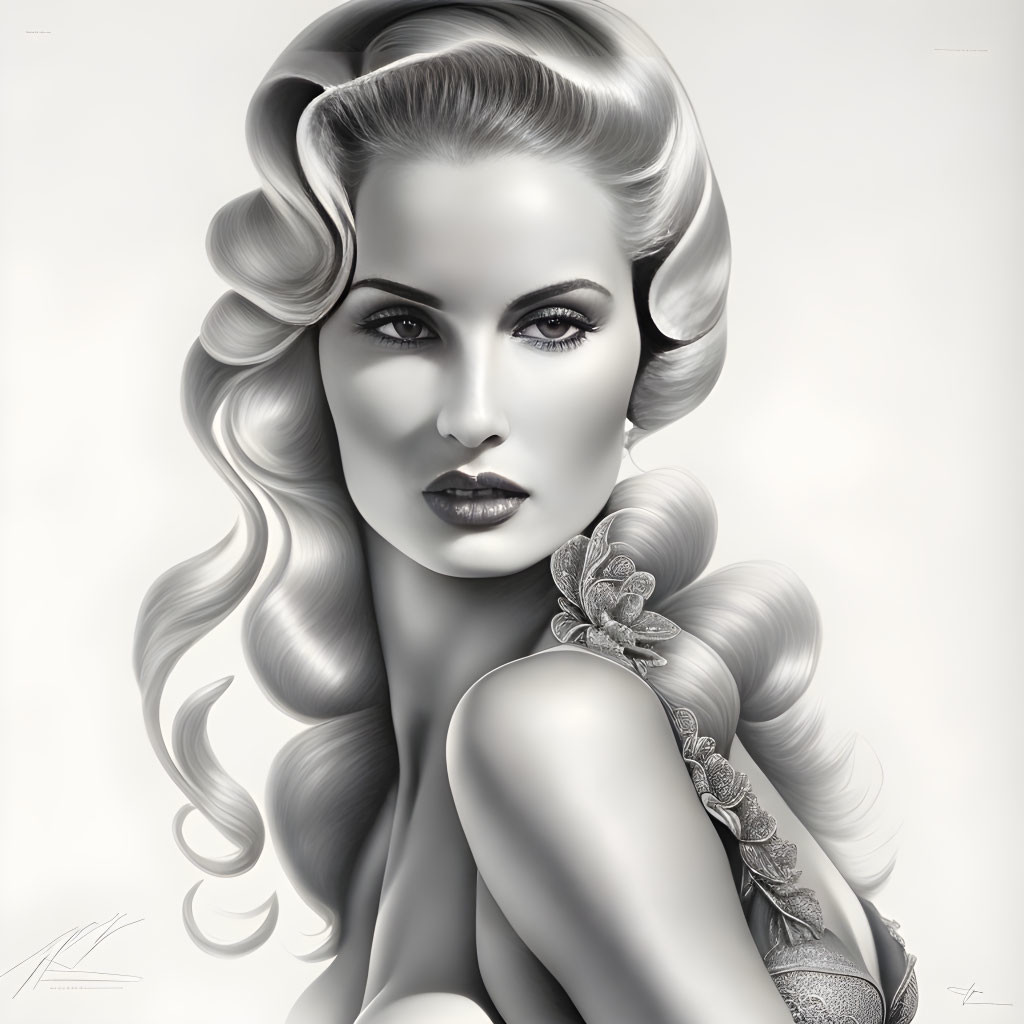 Monochrome digital portrait of woman with wavy hair and dark lipstick