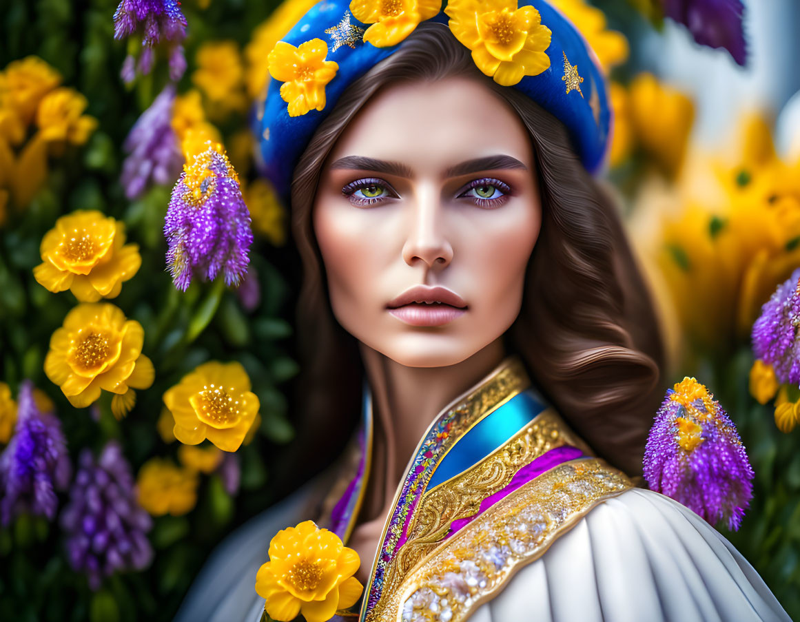 Woman with Violet Eyes in Colorful Outfit Surrounded by Flowers