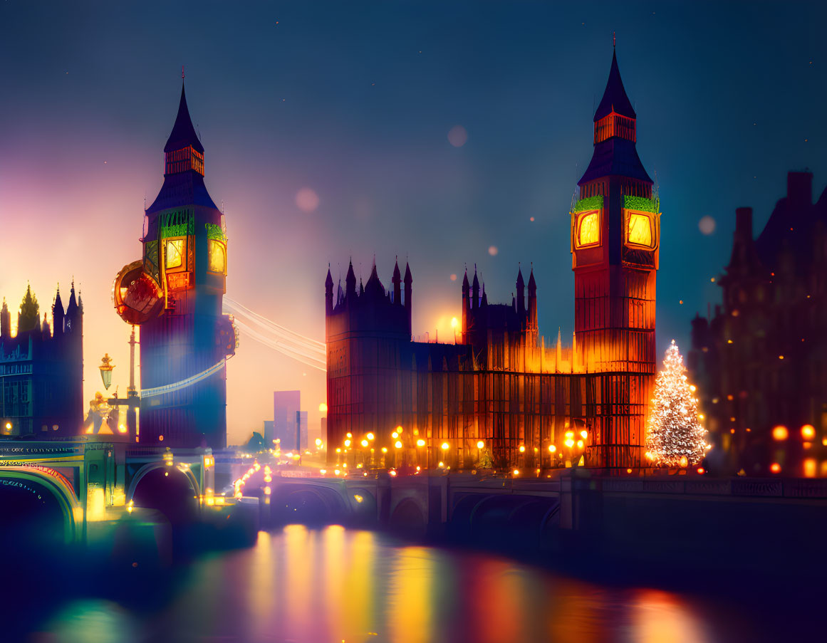 London skyline at twilight: Big Ben, Houses of Parliament, Christmas tree, Thames river reflections