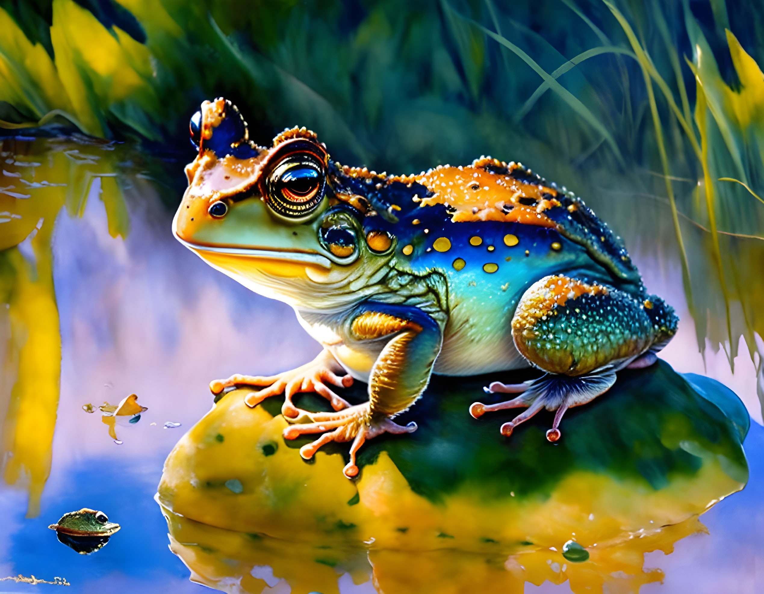 Colorful Frog Illustration on Ornate Lily Pad in Water Scene