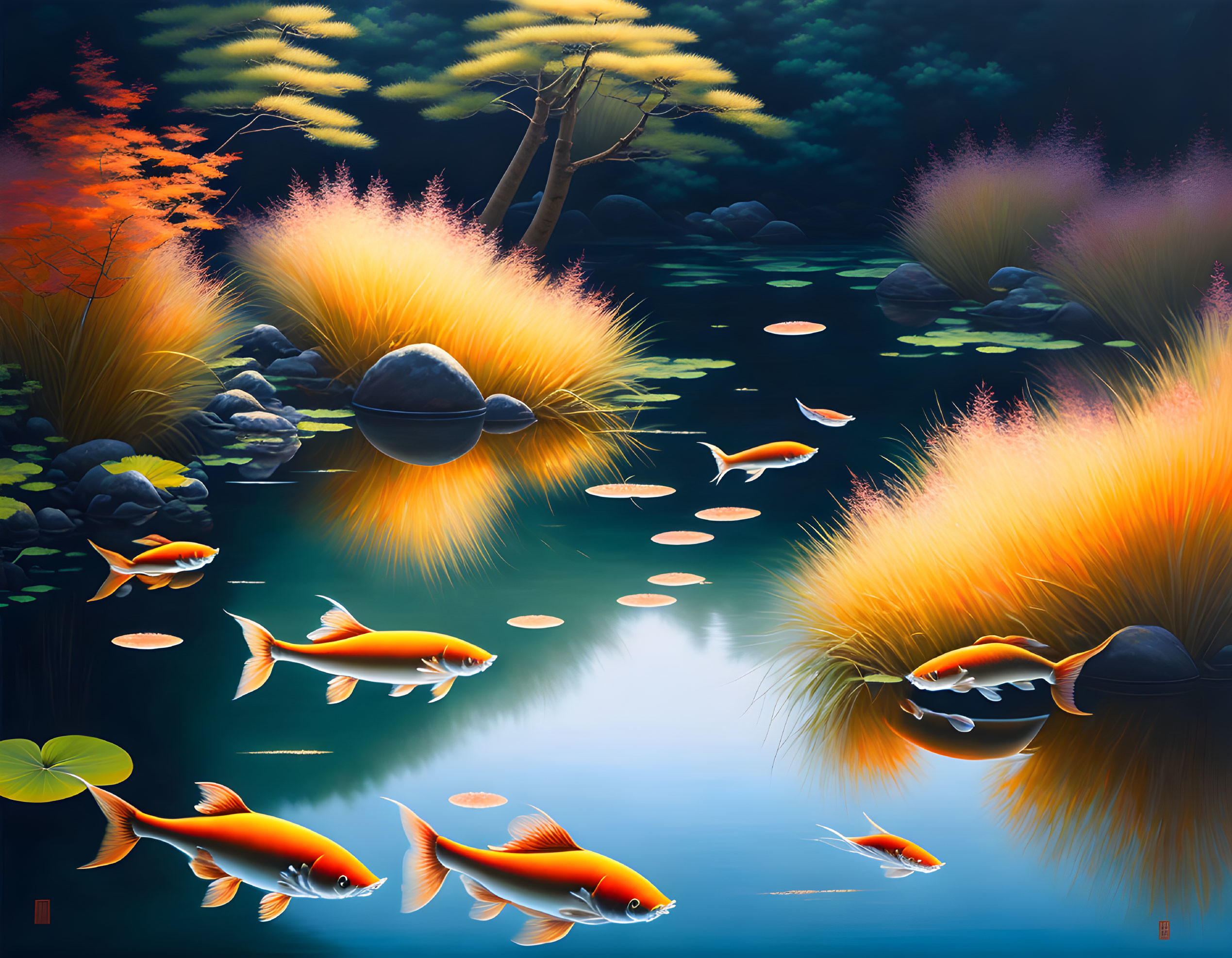 Vibrant digital painting: Koi fish in serene pond with lush vegetation