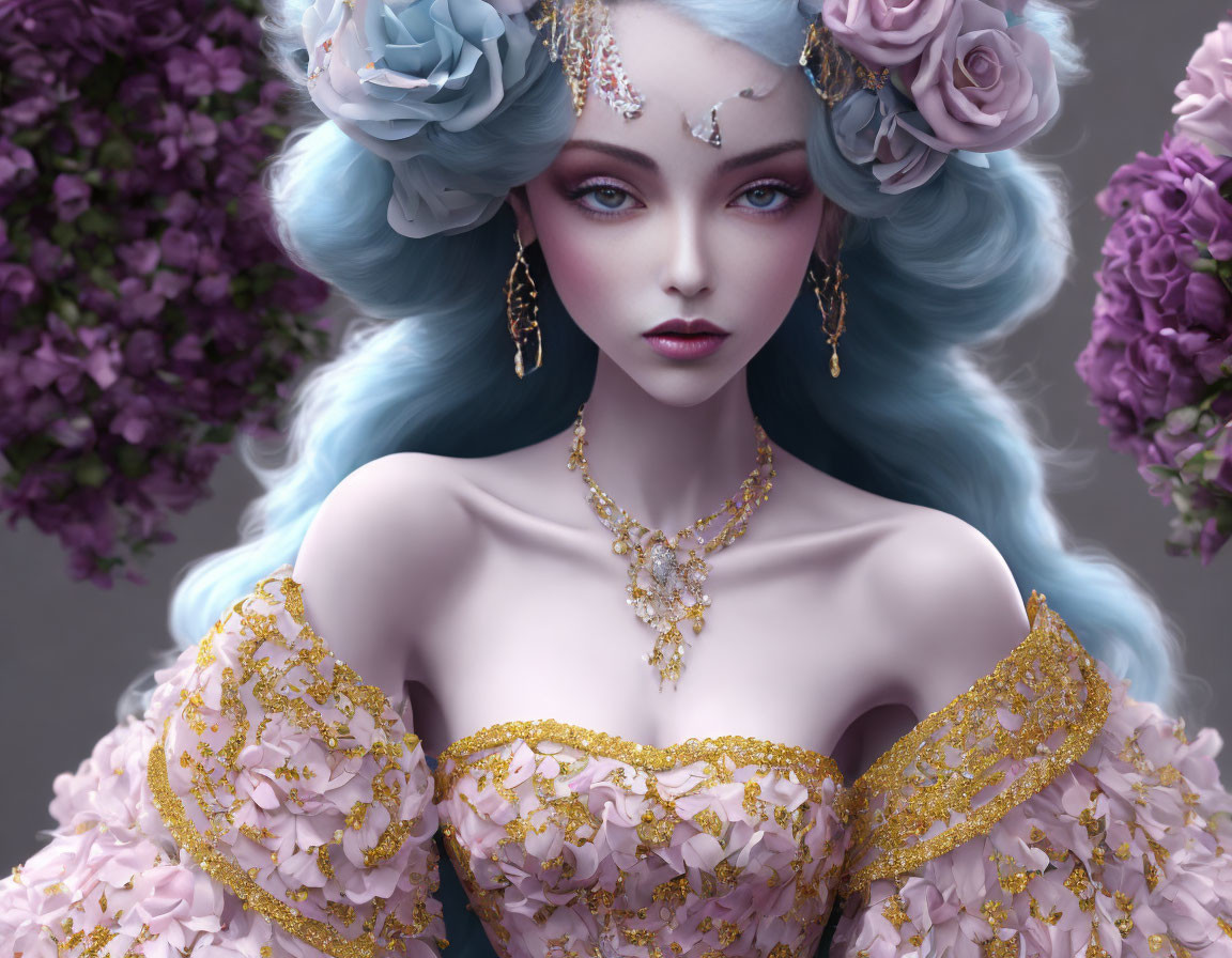 Fantasy figure with blue hair, floral crown, golden jewelry, and pastel dress