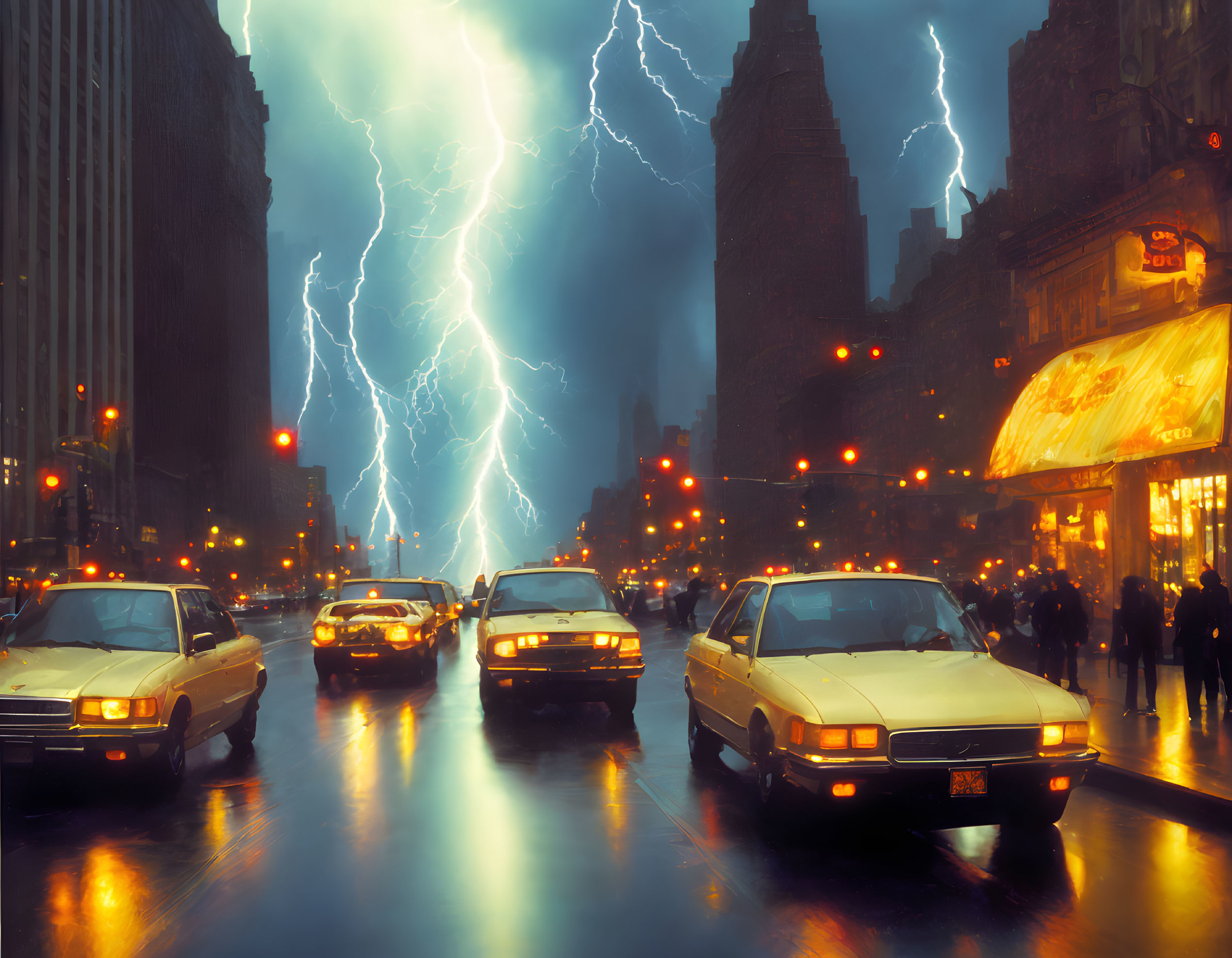 Vibrant city street at night with glowing lightning and yellow taxis