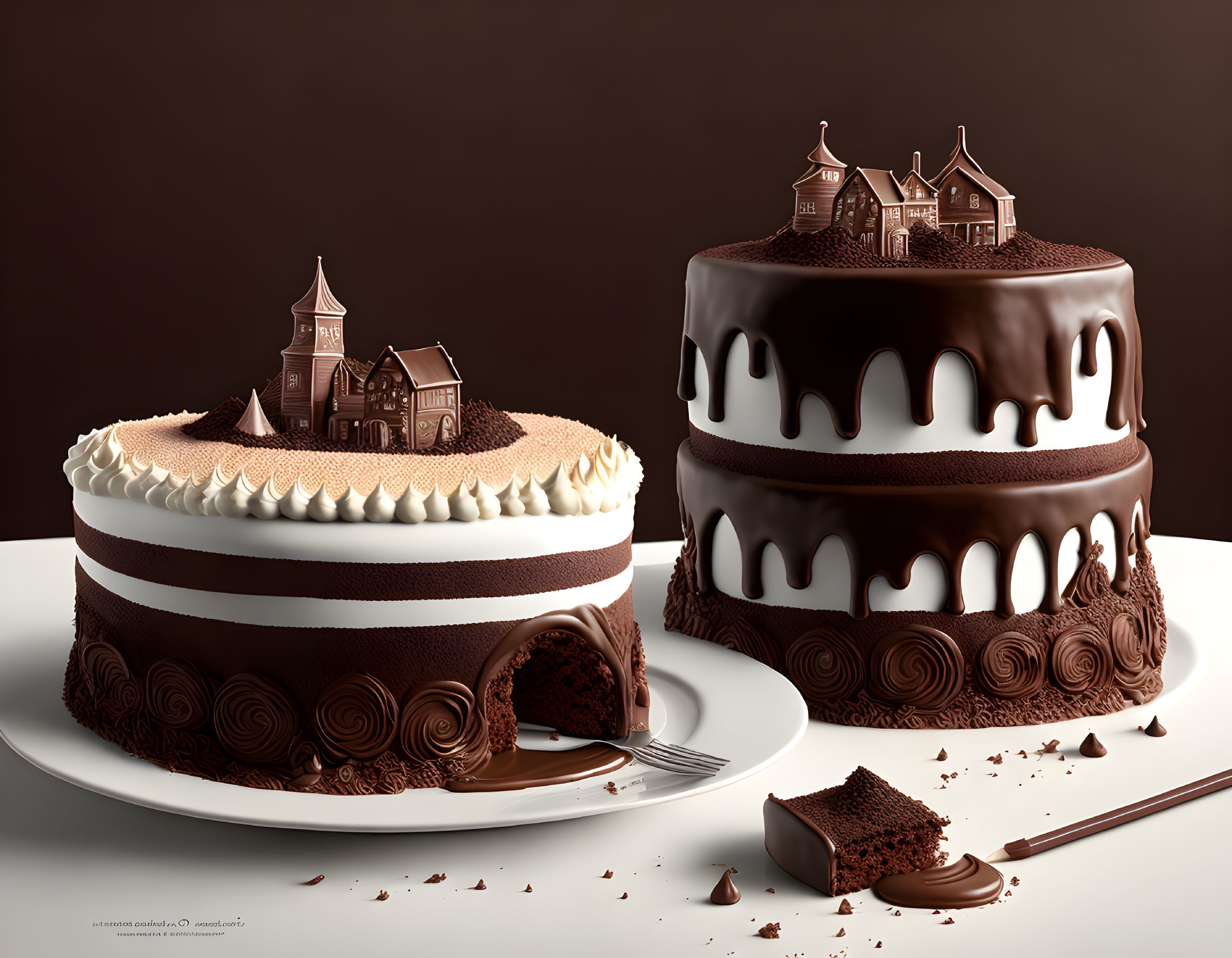 Ornate chocolate cakes with white frosting and miniature chocolate houses on top