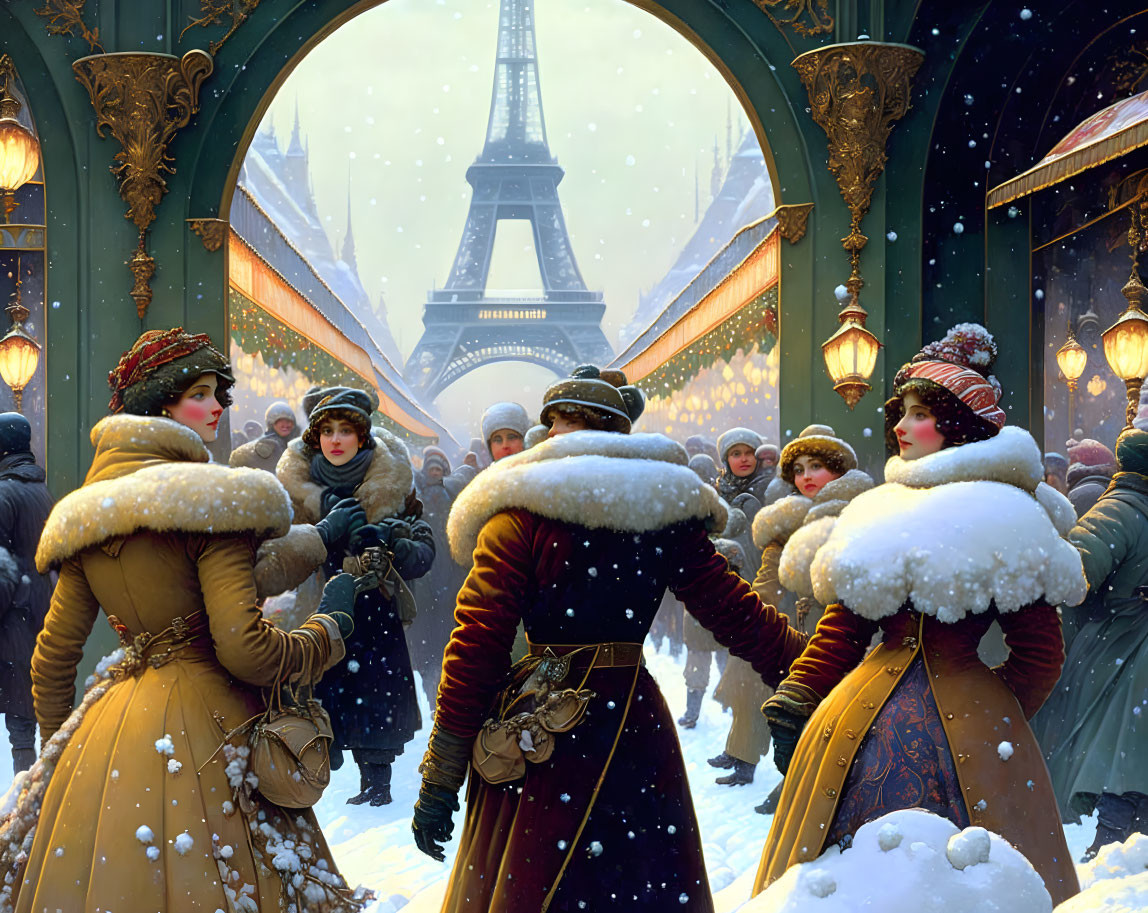 Victorian-era people in winter clothing near snow-covered Eiffel Tower