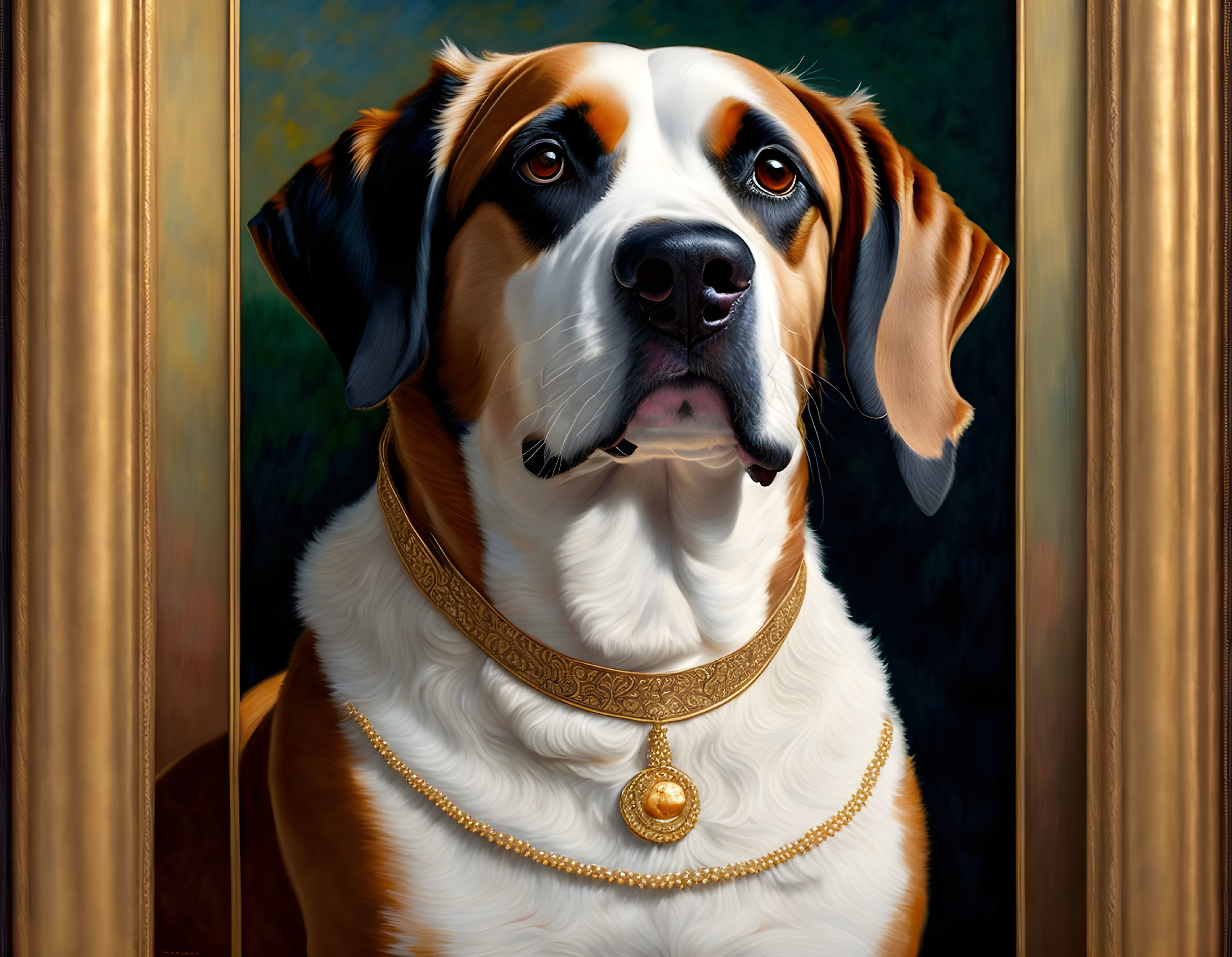 Regal dog with white, brown, and black coat in ornate golden collar portrait.