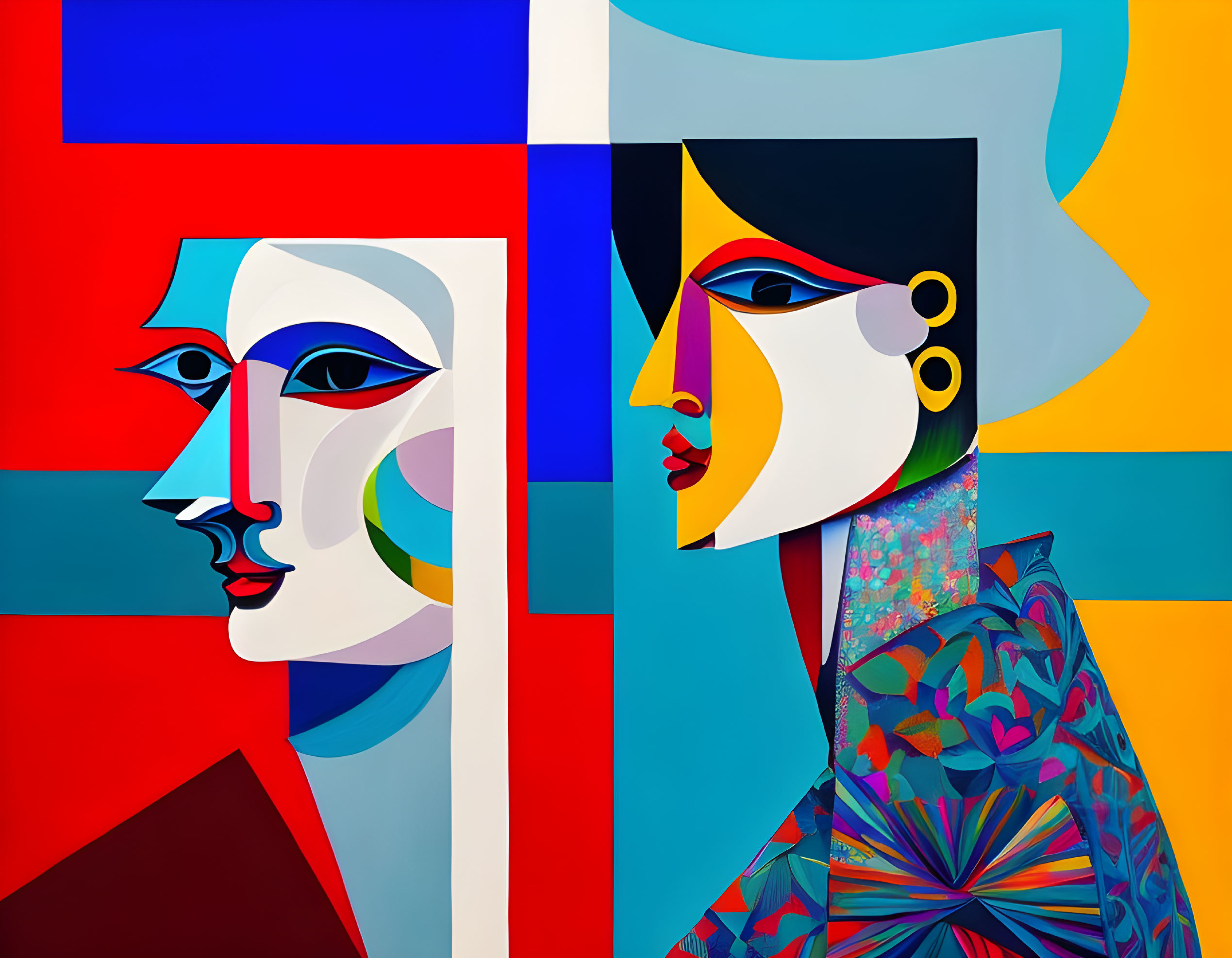 Vibrant abstract portrait with stylized faces and geometric shapes