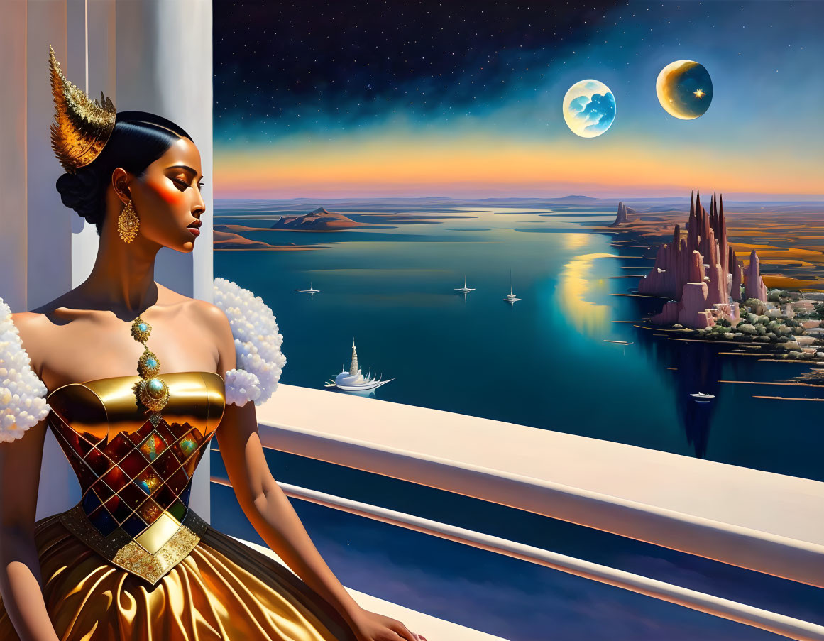 Elegant woman in surreal landscape with lake, castles, sailboats, and two moons