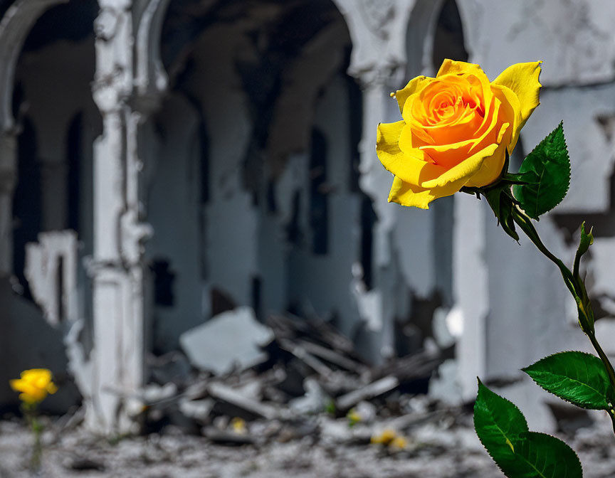 Yellow rose against backdrop of ruins and debris.