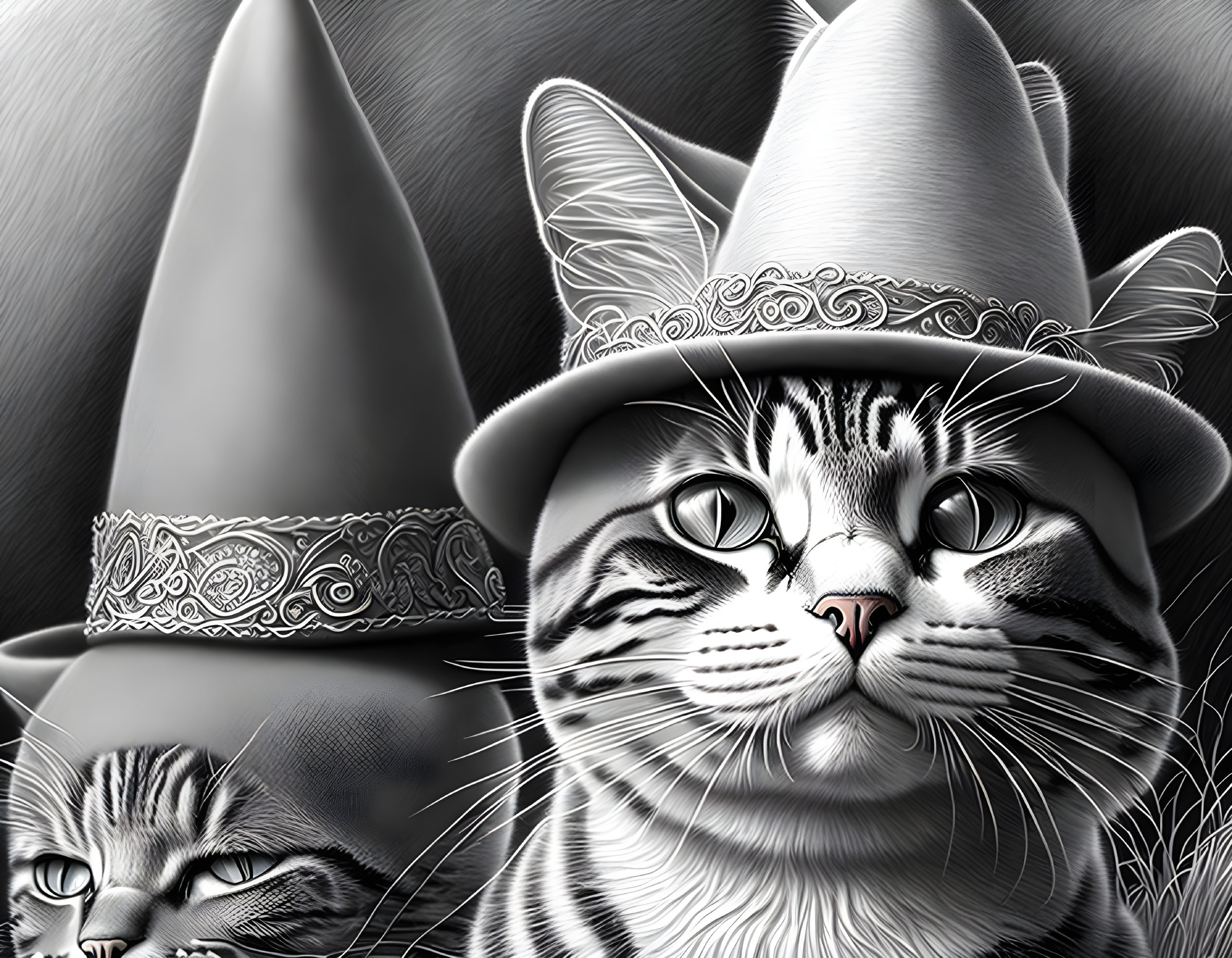 Monochrome illustration of cats in elegant hats