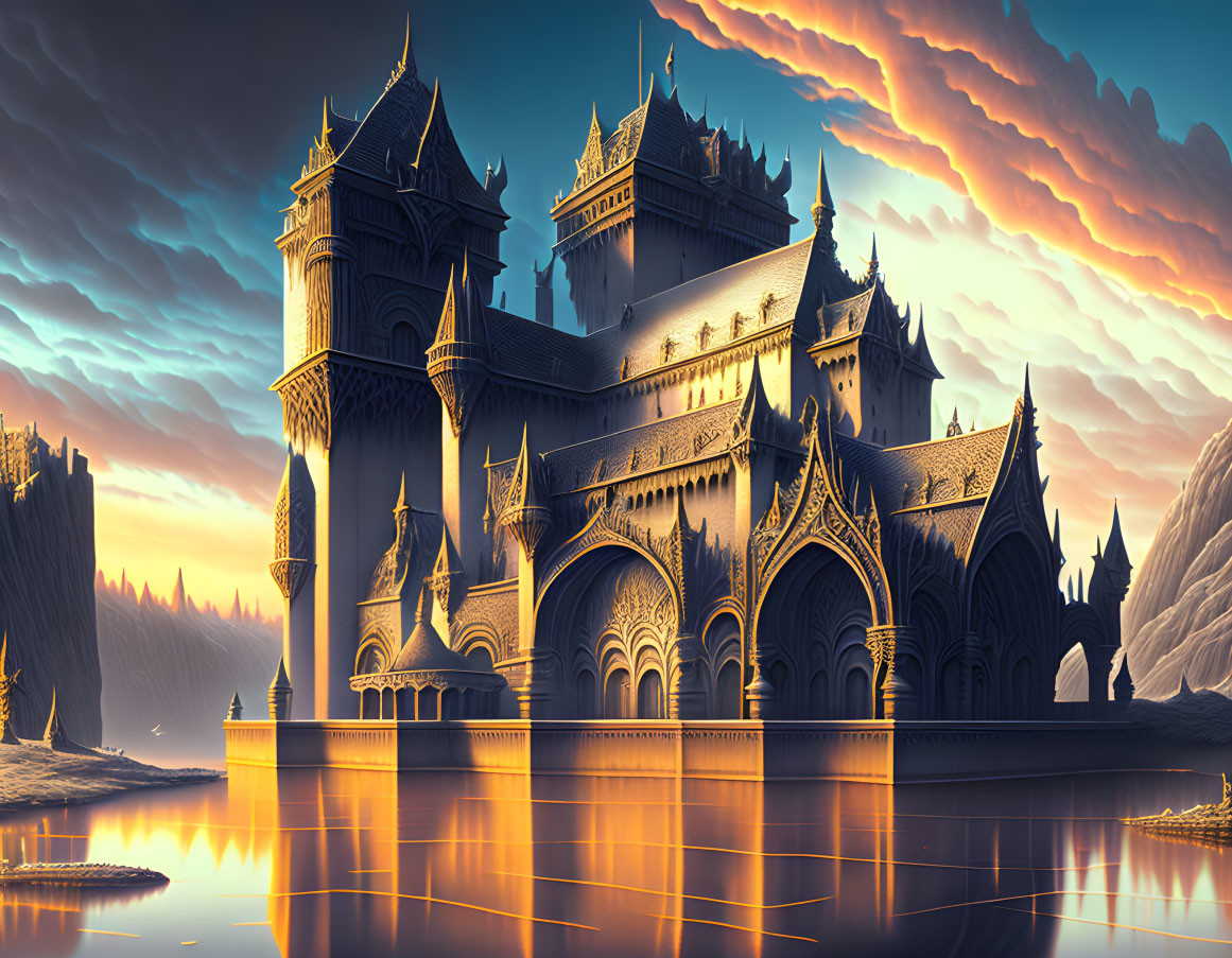 Majestic fantasy castle at sunset with towering spires and dramatic orange clouds