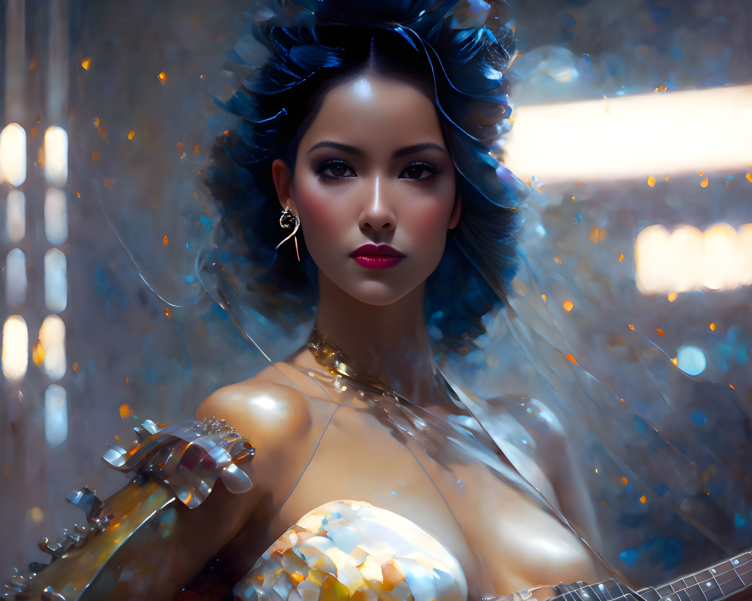 Digital artwork: Woman with blue hair, feathers, golden attire, crystal, bokeh light background