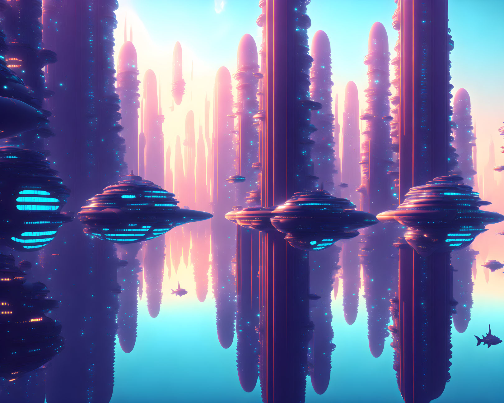 Futuristic alien cityscape with towering spires and floating structures reflected in calm water