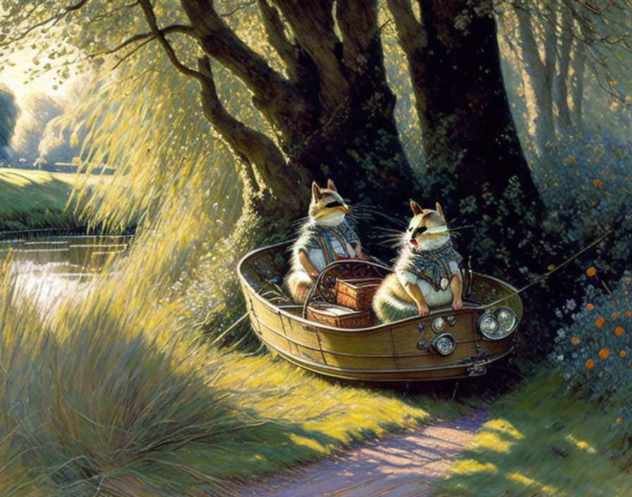 Anthropomorphic foxes in vintage attire row boat on serene riverbank