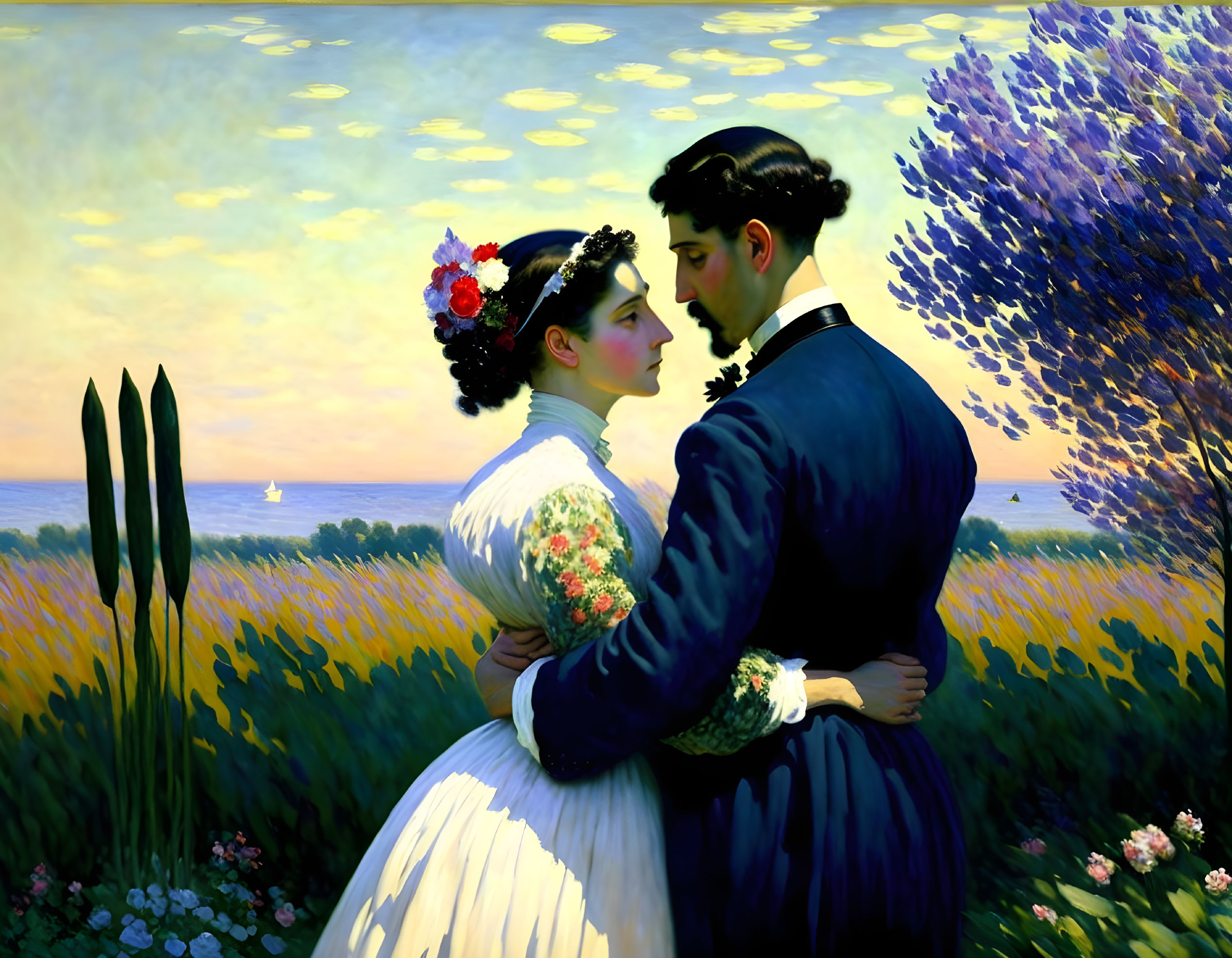 Vibrant sunset meadow painting of embracing couple