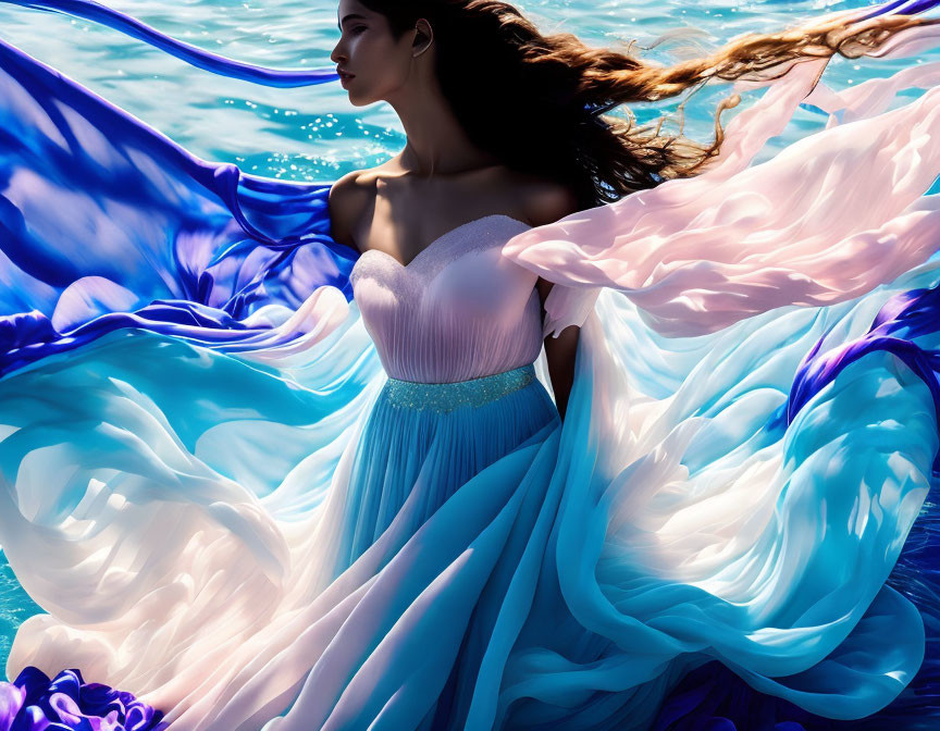 Woman in flowing pastel dress with wind-swept hair amid billowing blue and violet waves on