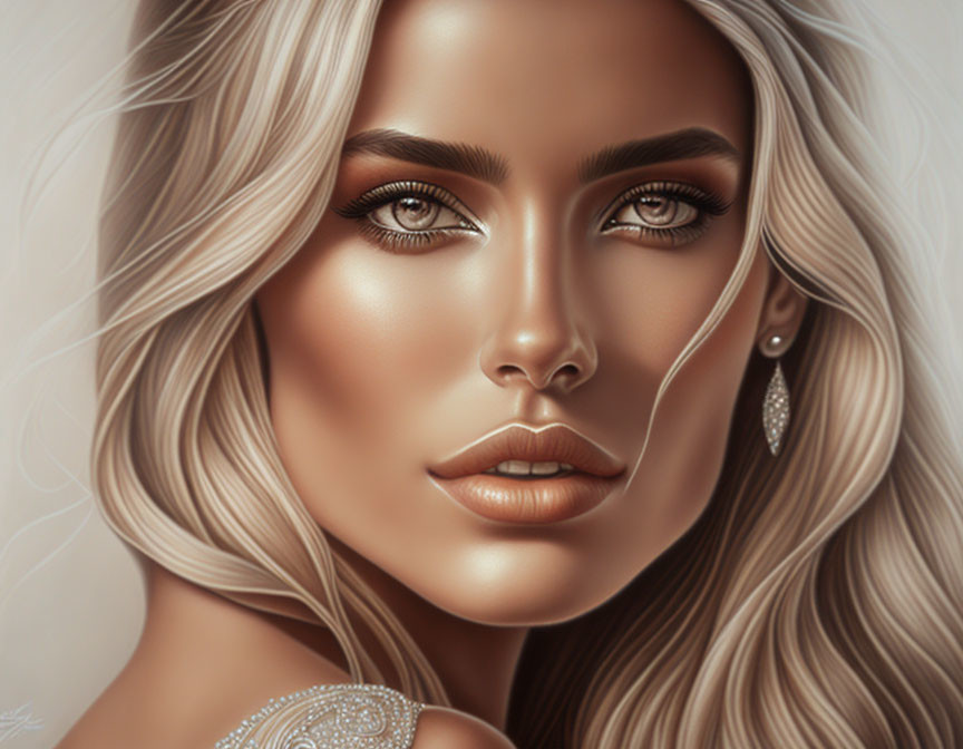 Detailed digital portrait of woman with blonde hair and silver dress