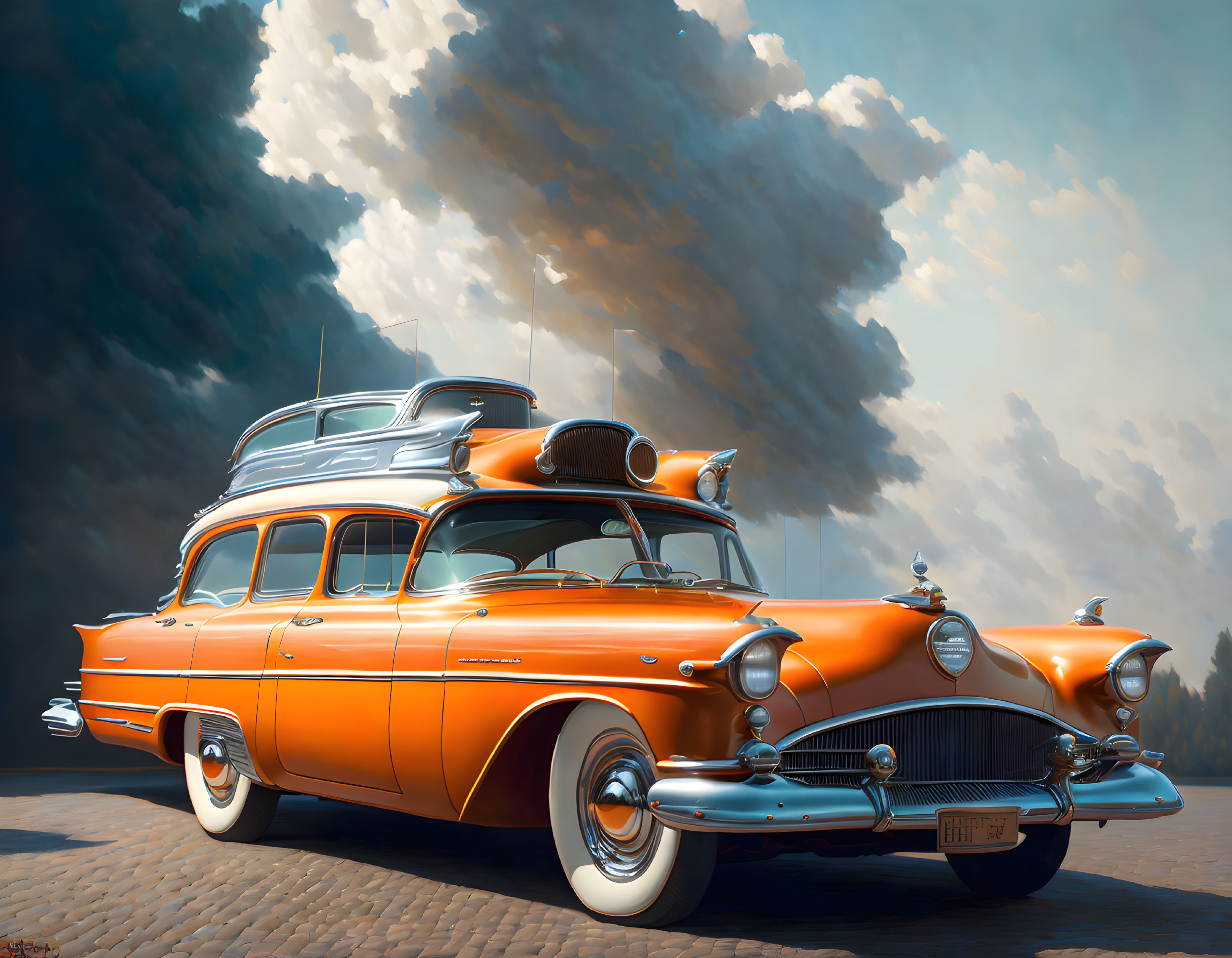 Vintage orange station wagon with rooftop cargo box under dramatic sky