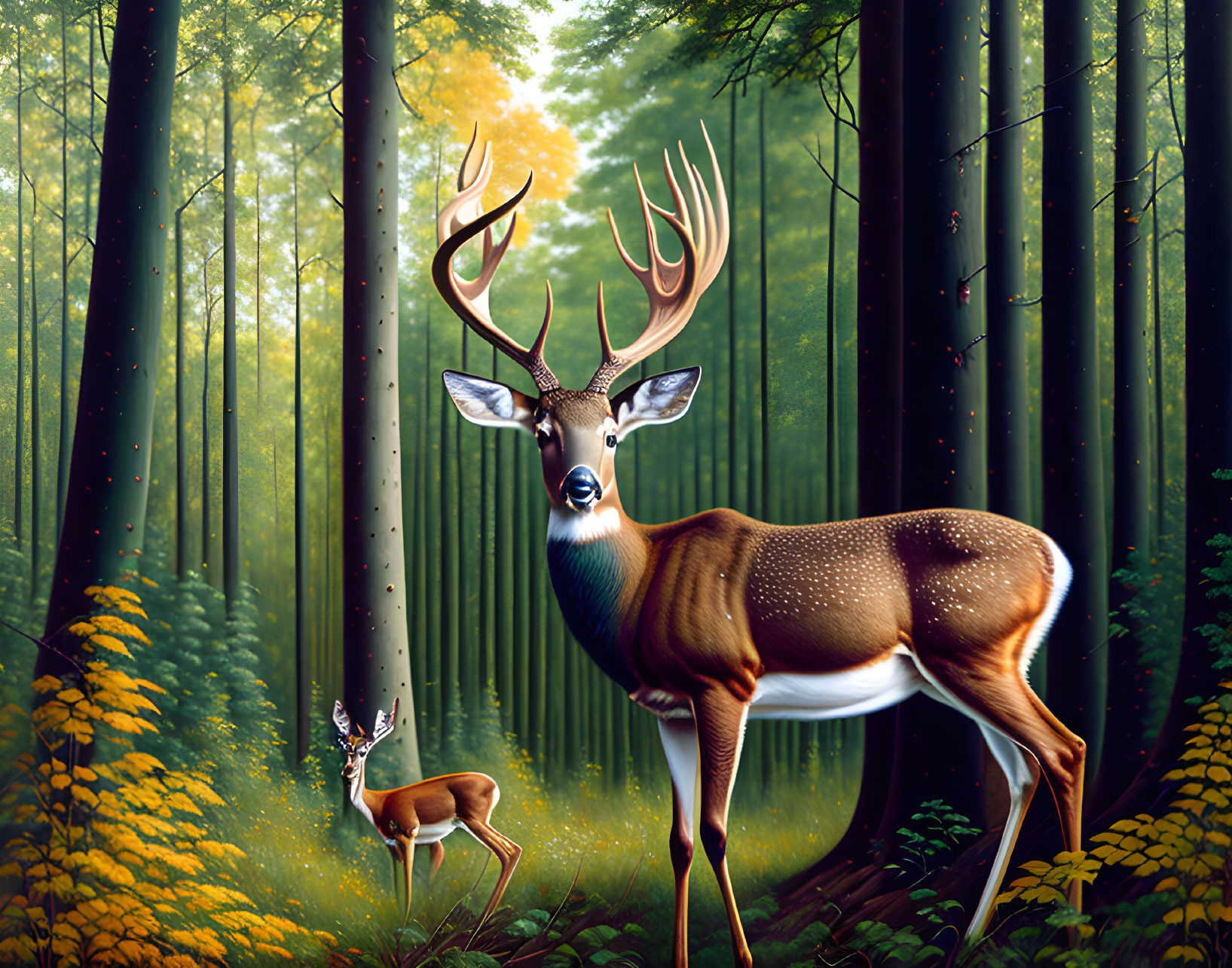 Two deer in lush forest with tall trees and soft sunlight.