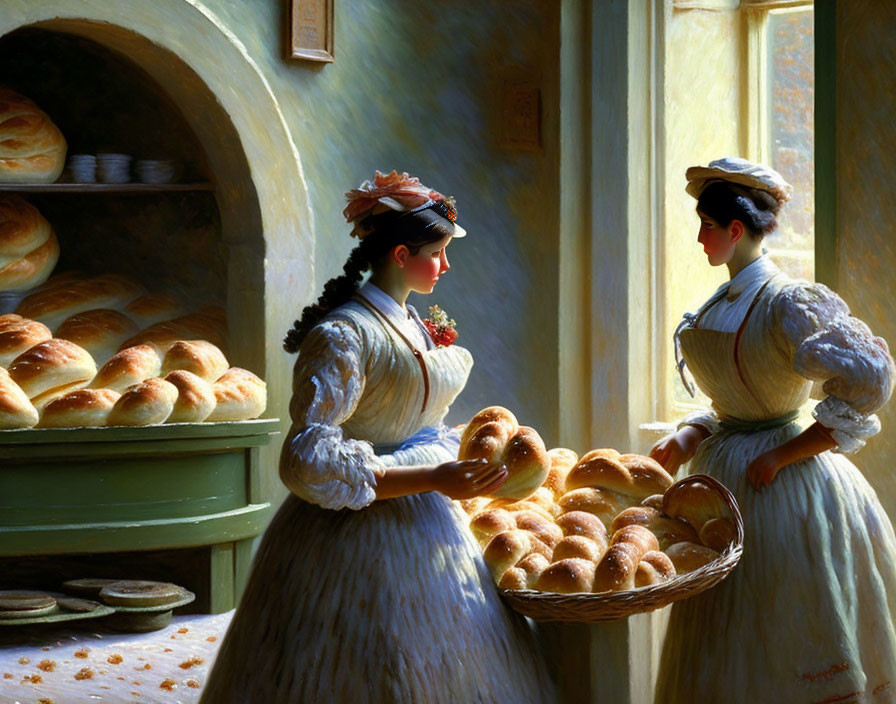 Historical bakery scene with women in period dress and bread baskets