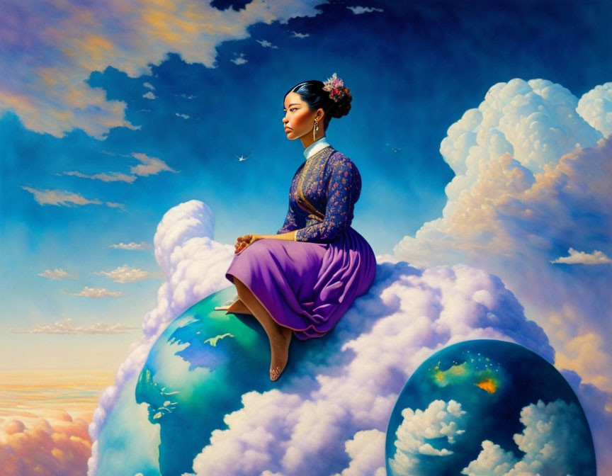 Woman sitting on vibrant clouds with flower in hair against dramatic sky