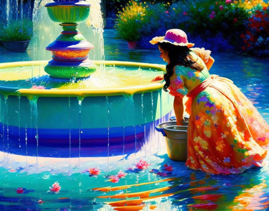 Young girl in vibrant dress and hat by colorful garden fountain.