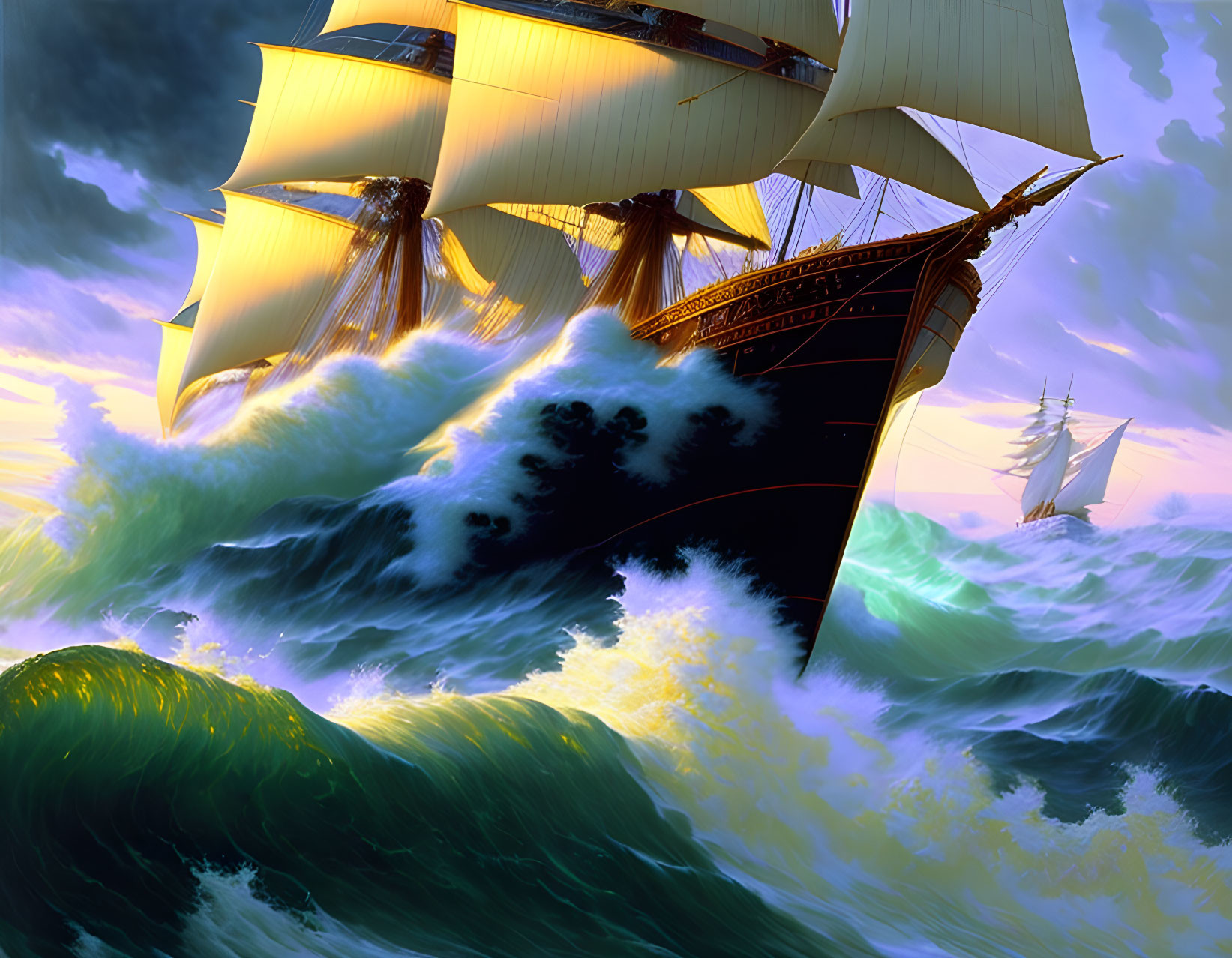 Majestic sailing ship on tumultuous ocean waves at sunset