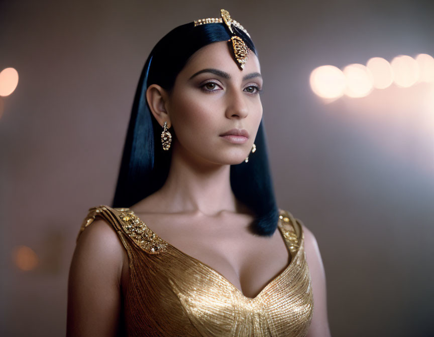 Ancient Egyptian queen in golden costume and headpiece against muted backdrop.