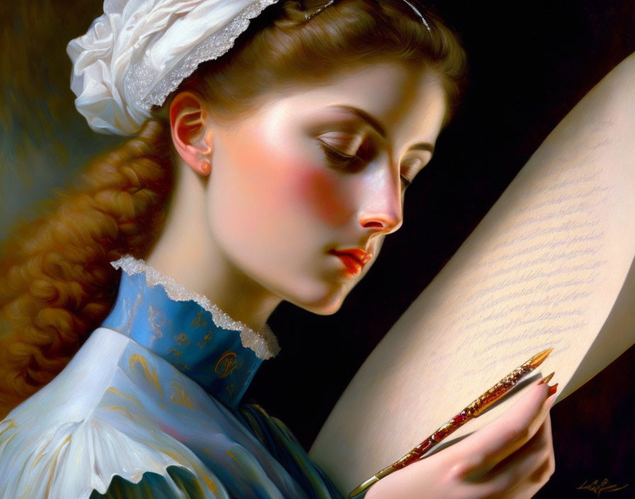 Historical woman in period attire writing letter with quill under soft light