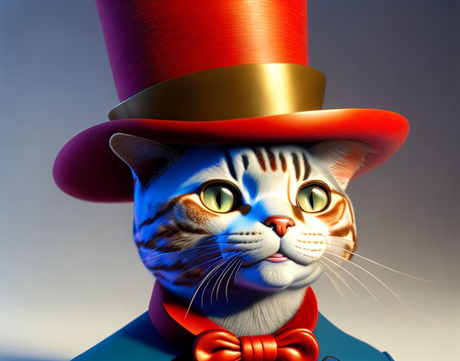 Digital artwork of cat with human-like face in top hat and bow tie on gradient background