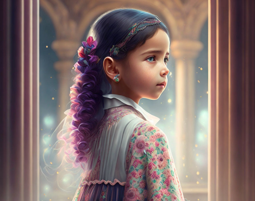 Young girl with intricate braiding in floral dress beside ornate pillars and golden light.