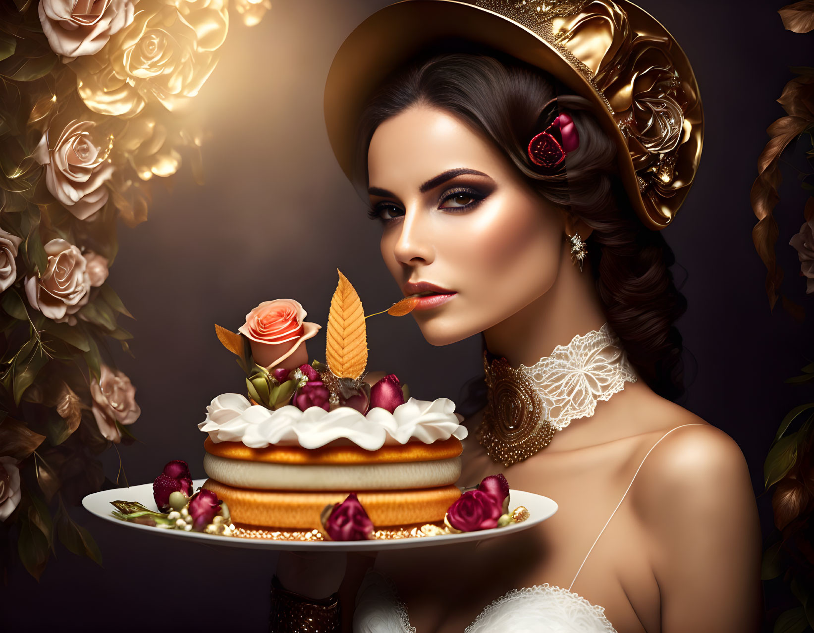 Vintage Attired Woman with Decorated Cake and Roses