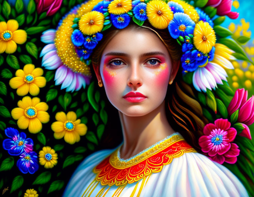 Vibrant portrait of woman with floral headband and colorful flowers