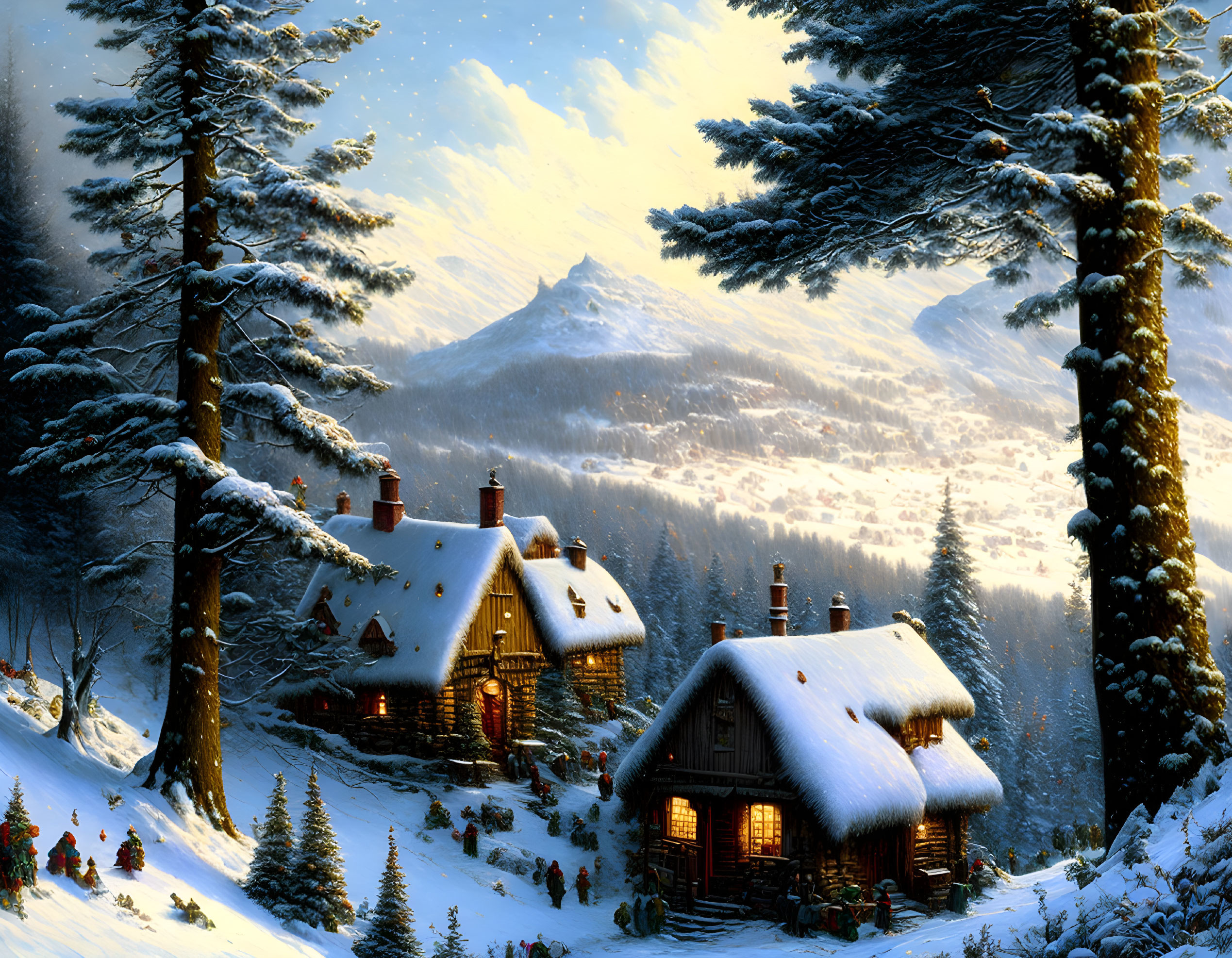 Winter scene: cabins, pine trees, mountain, people with Christmas trees