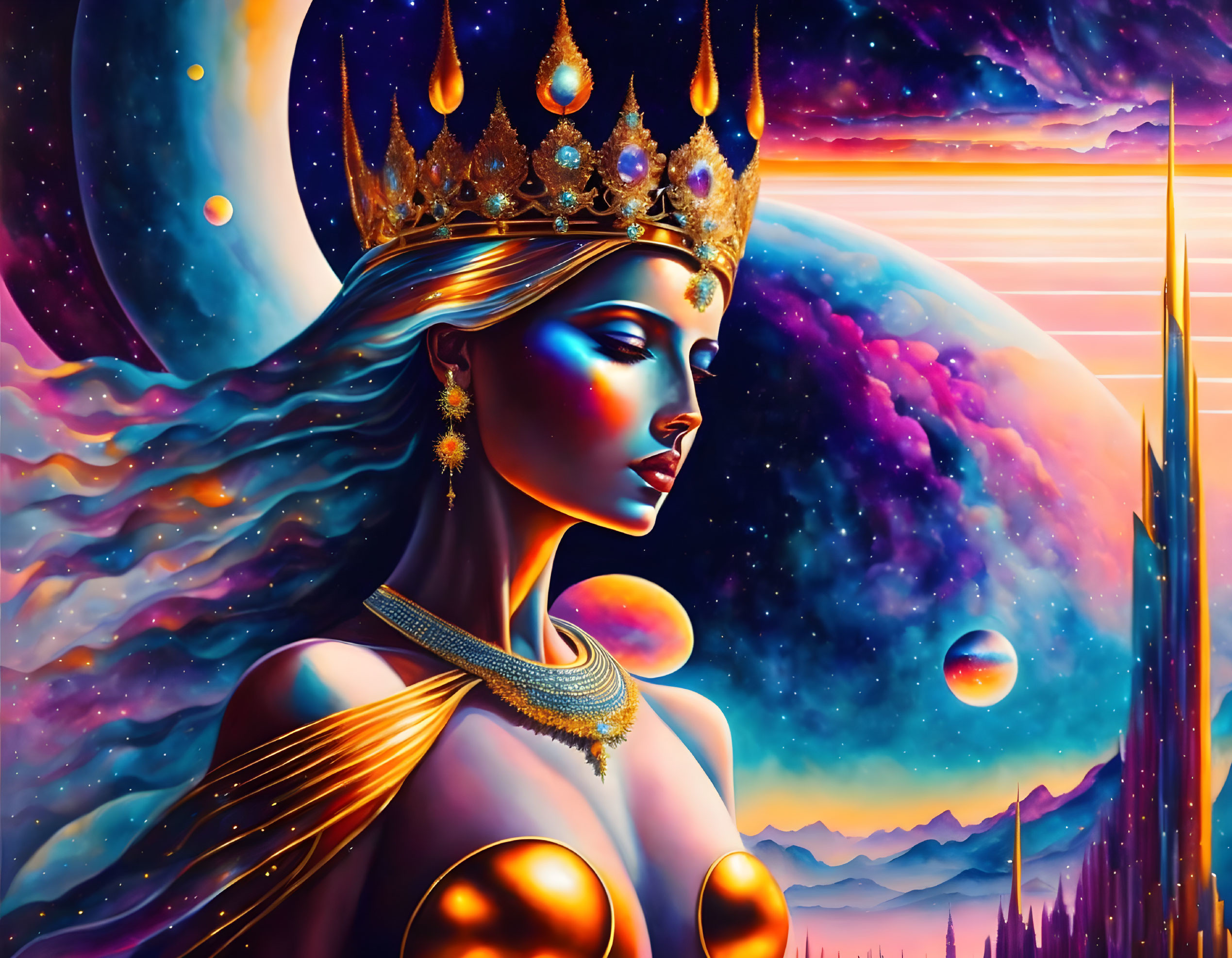 Regal female figure with crown in cosmic digital artwork