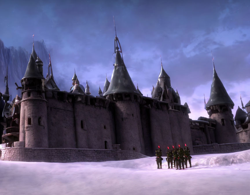 Soldiers in snowy landscape near foreboding castle under dusky sky