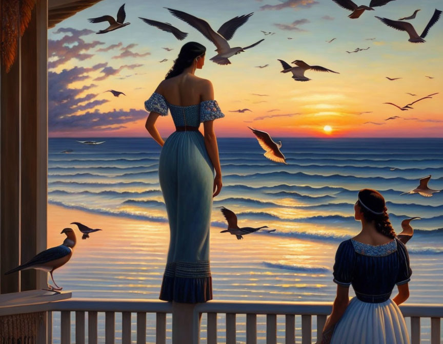 Woman and girl in vintage dresses on balcony watching sunset over ocean with seagulls.