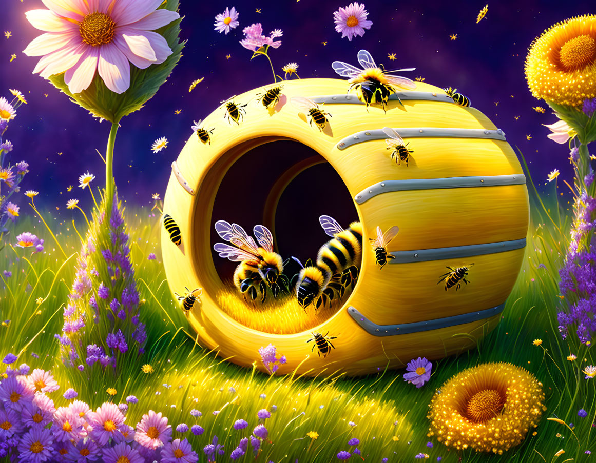 Illustration of bees in golden beehive amid purple flowers