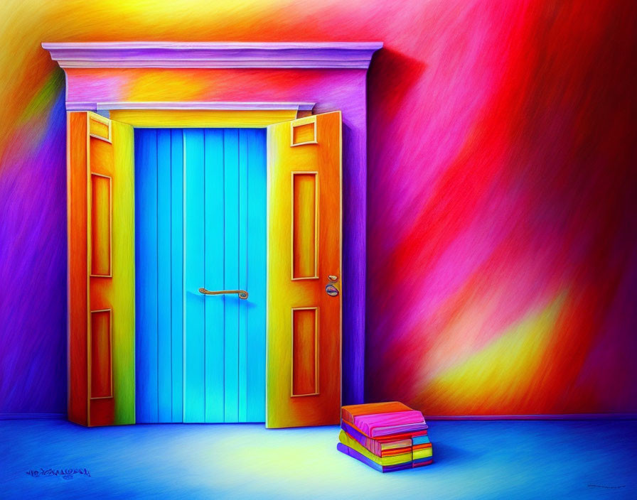 Colorful Painting of Open Blue Door with Colorful Books on Vibrant Background