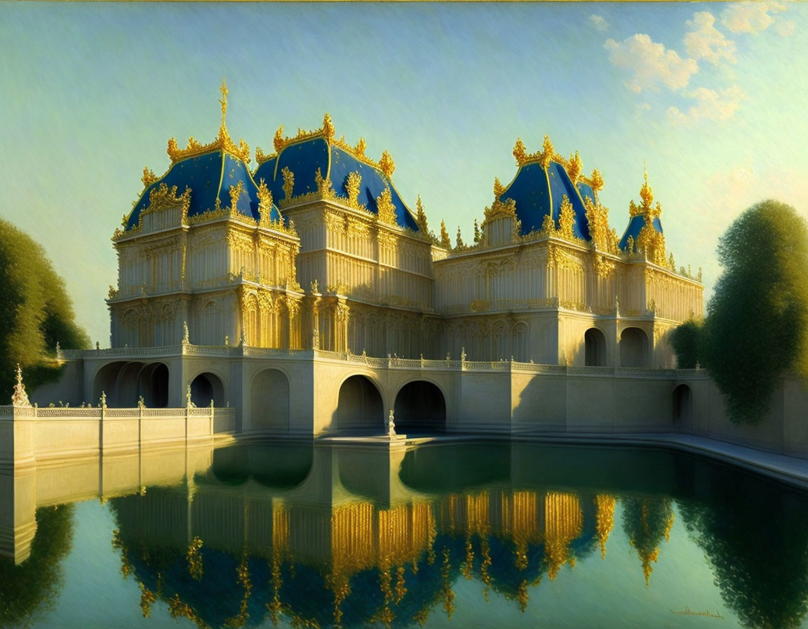 Baroque-style palace with golden ornaments reflected in calm water