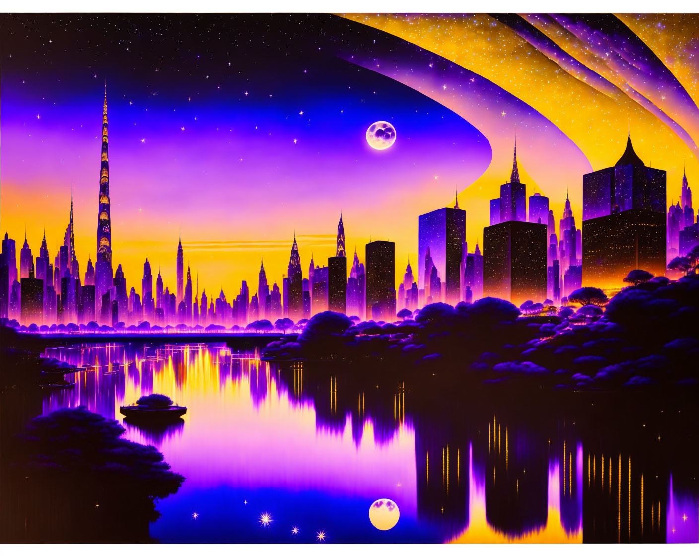 Futuristic cityscape digital artwork with skyscrapers and celestial bodies