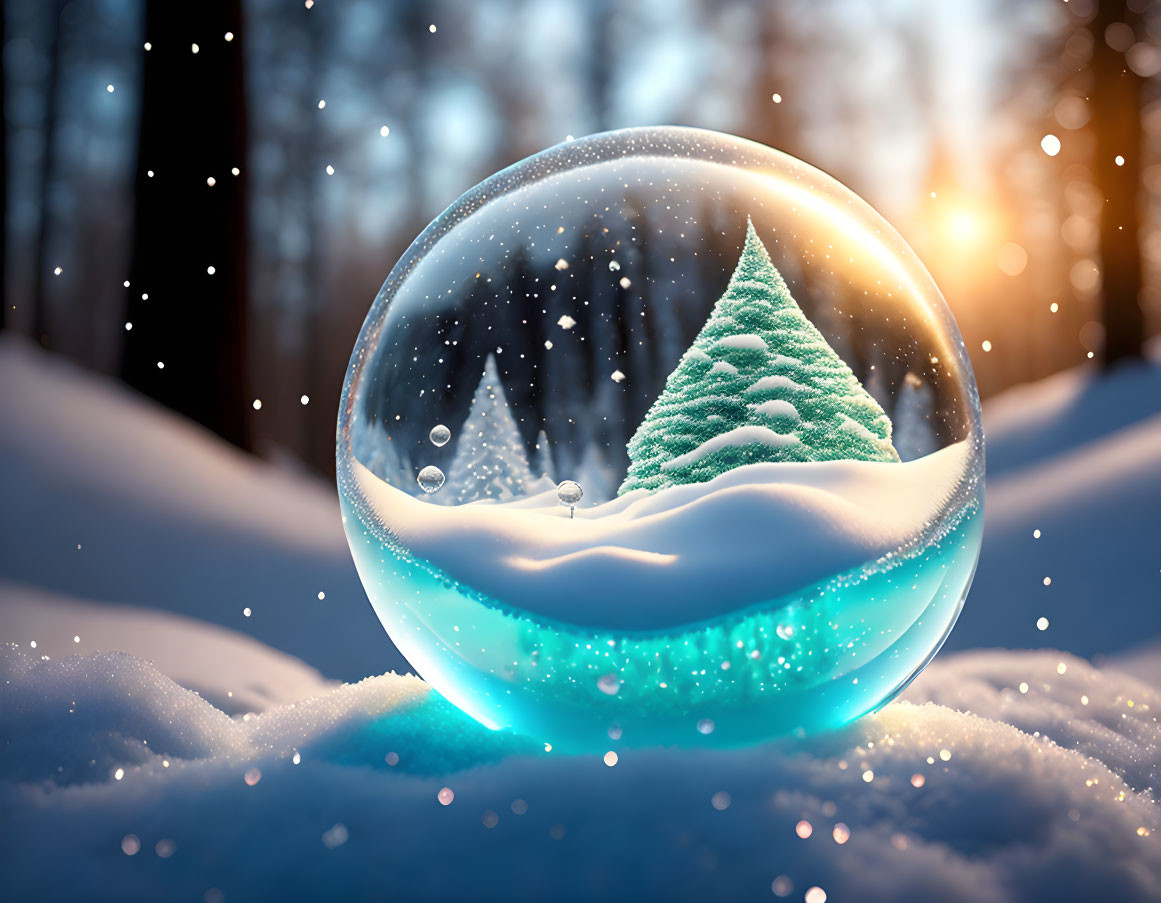 Snow globe with miniature pine tree on snowy surface and forest backdrop