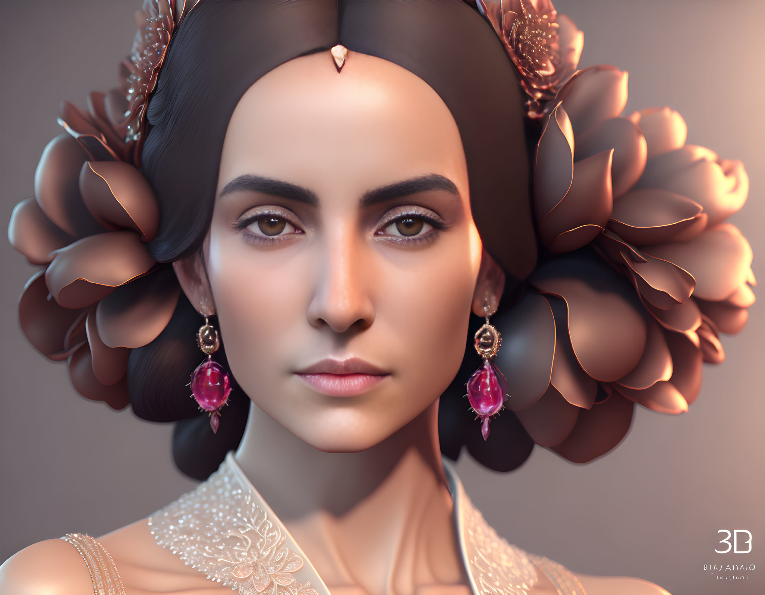 3D digital portrait of a woman with floral hair accessories and drop earrings