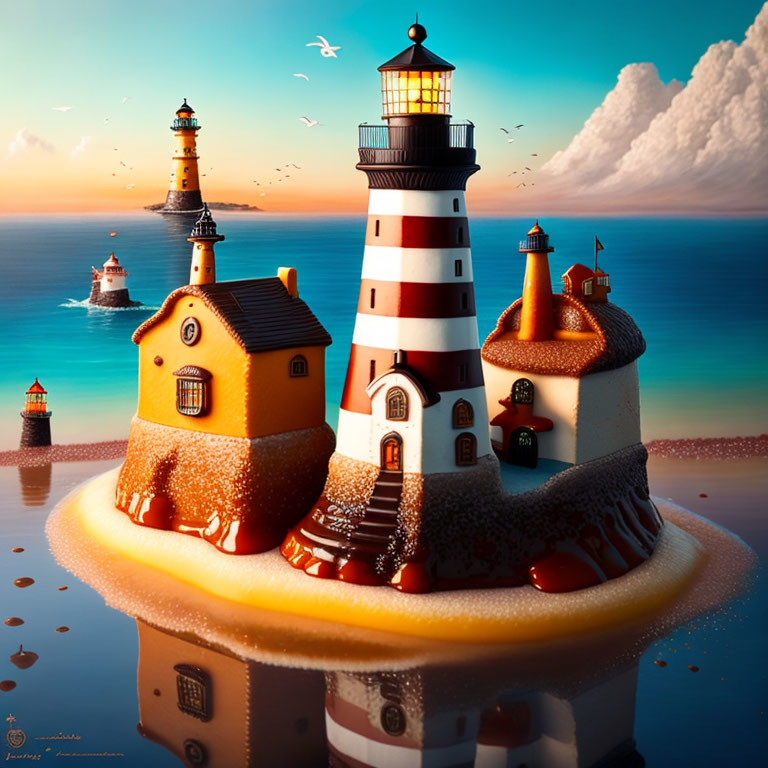 Illustration of whimsical lighthouses on calm sea at sunset