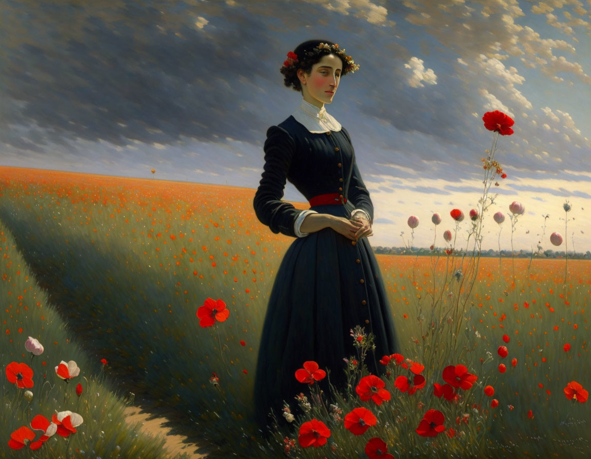 Vintage navy blue dress woman in red poppy field under serene sky