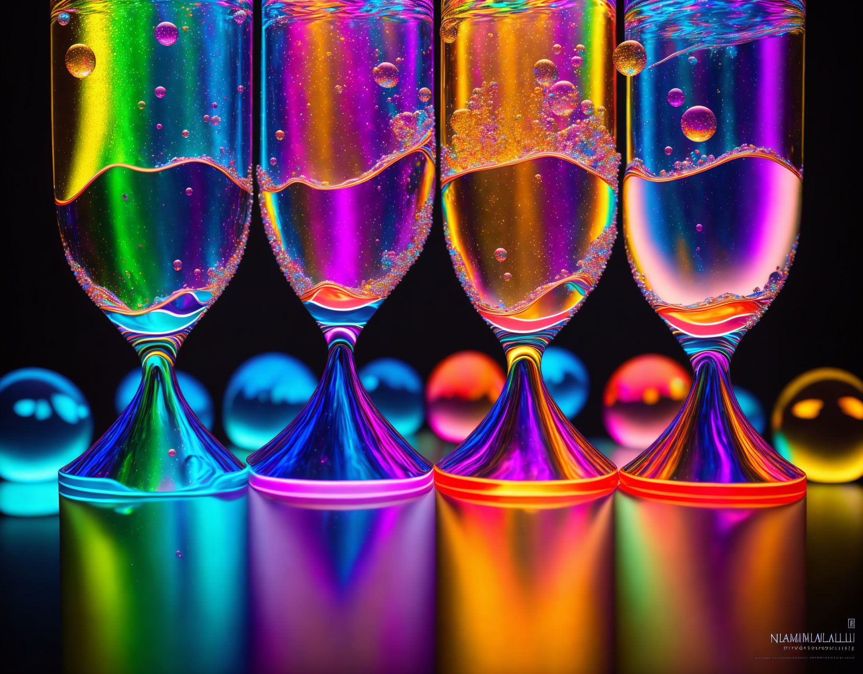 Colorful liquids in six champagne flutes with bubbles on glossy surface