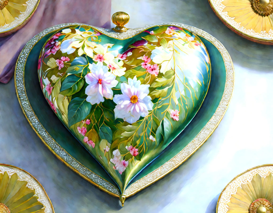 Heart-shaped ornate object with floral designs and gold trim on soft background