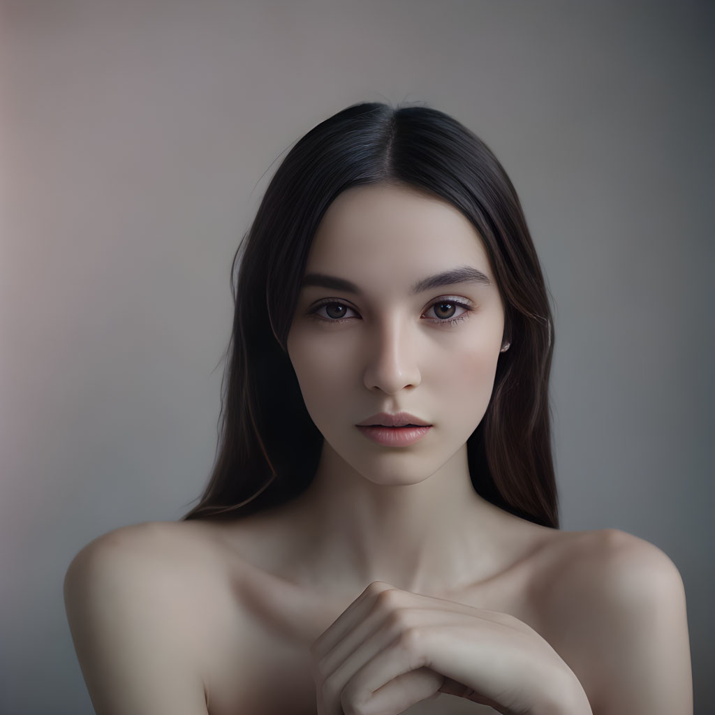 Portrait of woman with long dark hair and bare shoulders gazes at camera