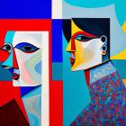 Vibrant abstract portrait with stylized faces and geometric shapes